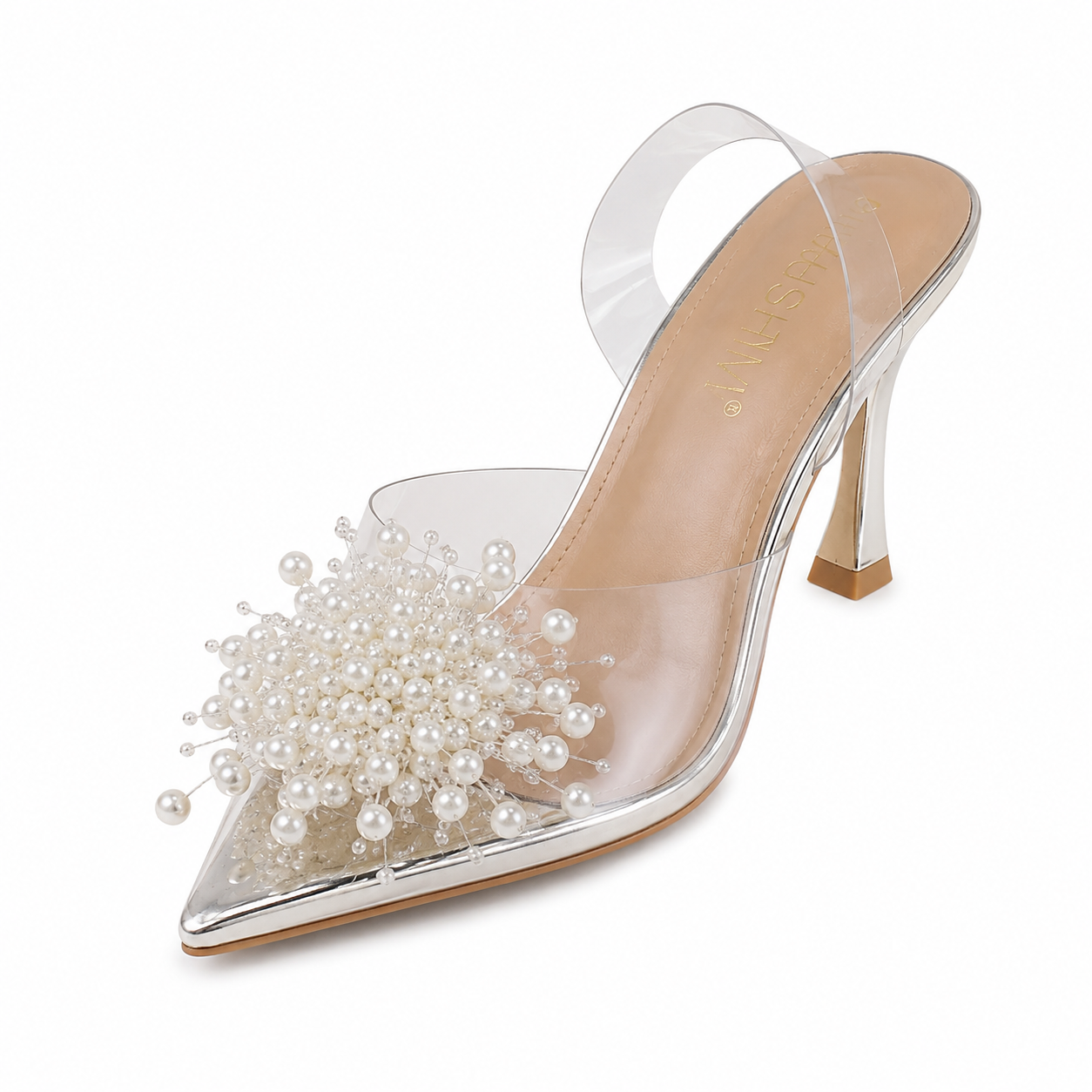 Pearl Embellished Transparent Pointed-Toe Heels