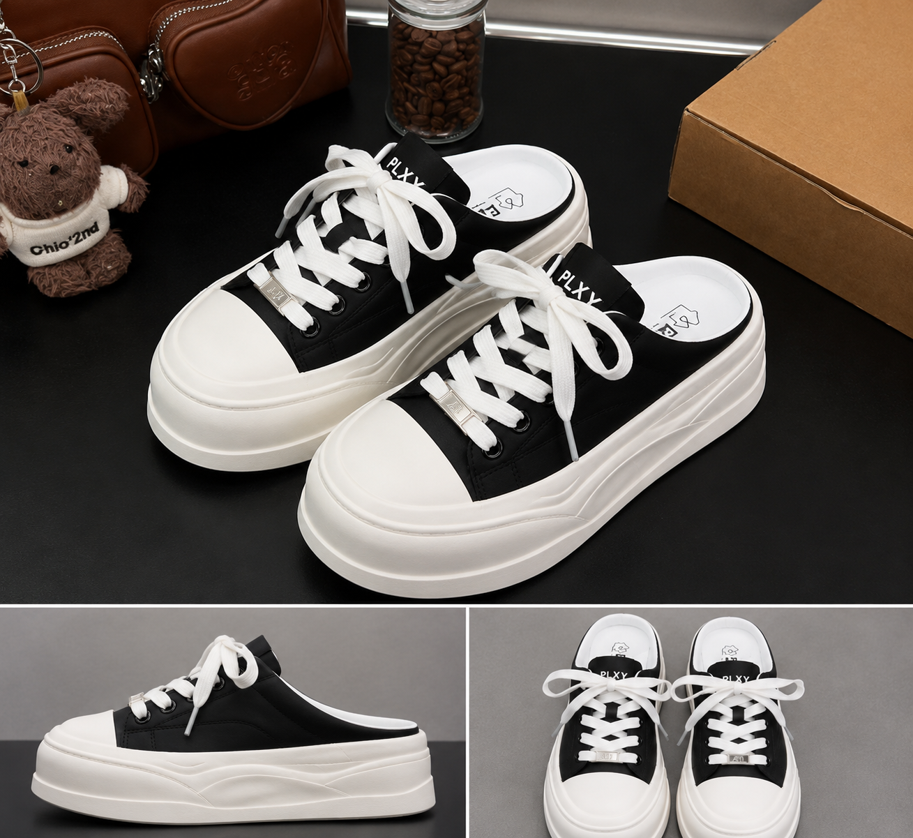 Black and white platform mule sneakers with white laces, shown in a styled flat-lay with a shoe box, a brown bag, and a small plush toy, plus two smaller inset views at the bottom showing the shoes from the side and front.