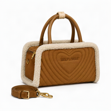 EMILY LORAN camel heart quilted Boston handbag with cream sherpa trim, top handles, detachable shoulder strap, and gold-tone hardware.