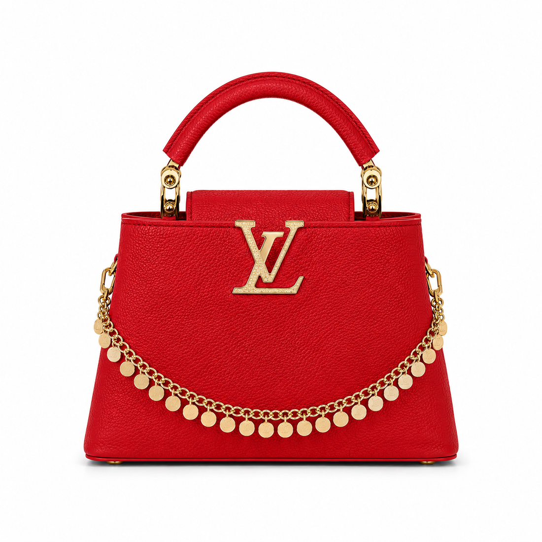 Louis Vuitton Capucines small red leather handbag with gold LV logo, decorative gold charm chain, structured top handle, and luxury designer styling.