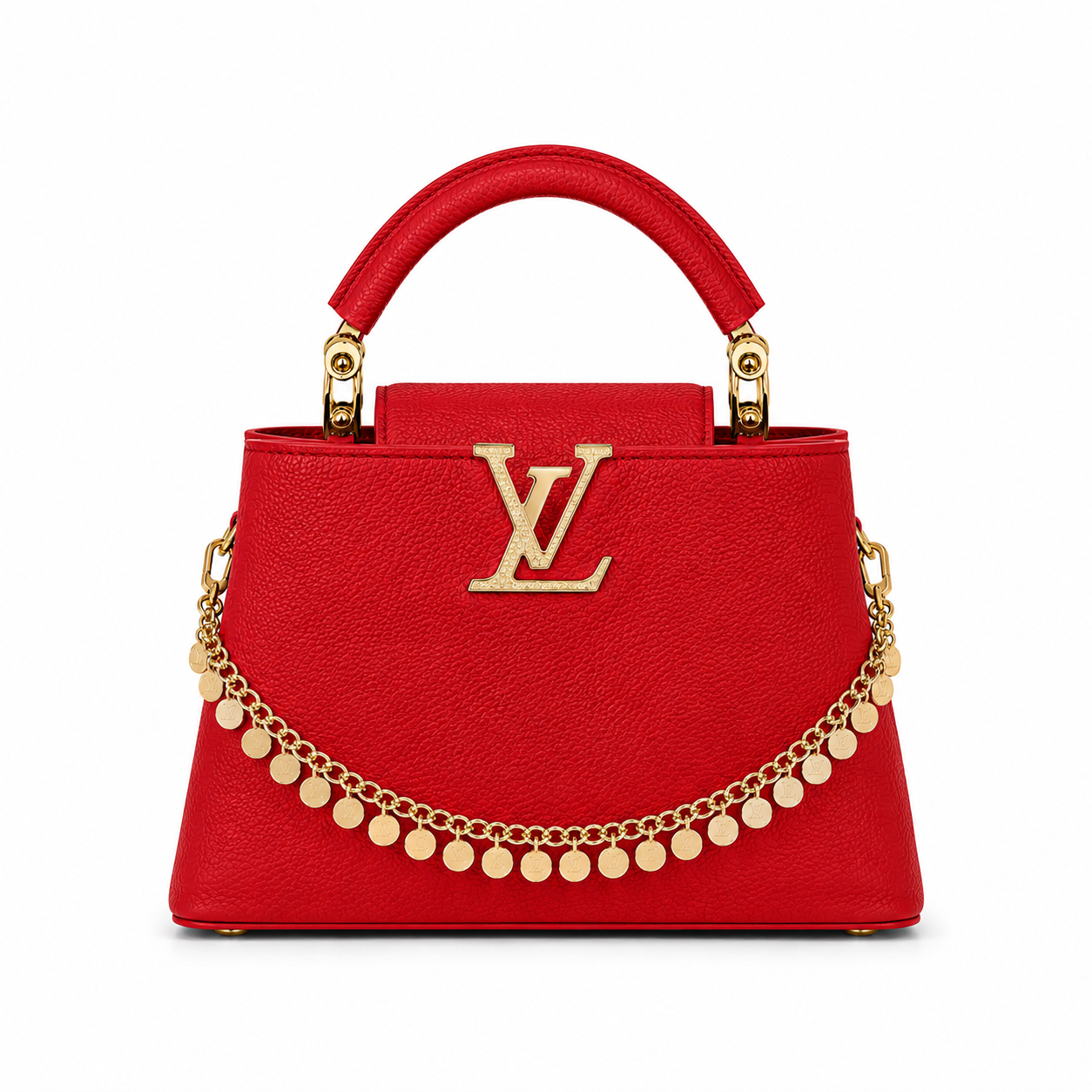 Louis Vuitton Capucines small red leather handbag with gold LV logo, decorative gold charm chain, structured top handle, and luxury designer styling.