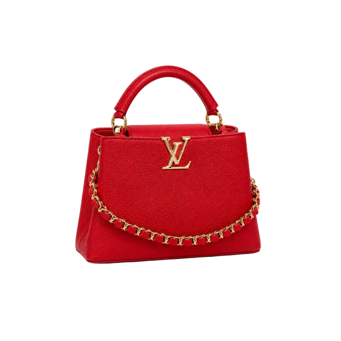 Louis Vuitton Capucines large red leather handbag with gold LV logo, leather-woven gold chain, structured top handle, and elegant luxury designer style.