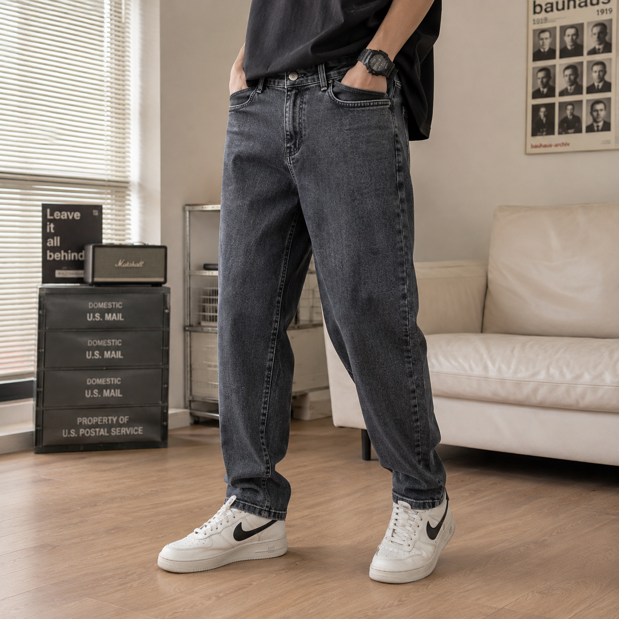 Men’s Dark Gray Washed Straight Fit Jeans