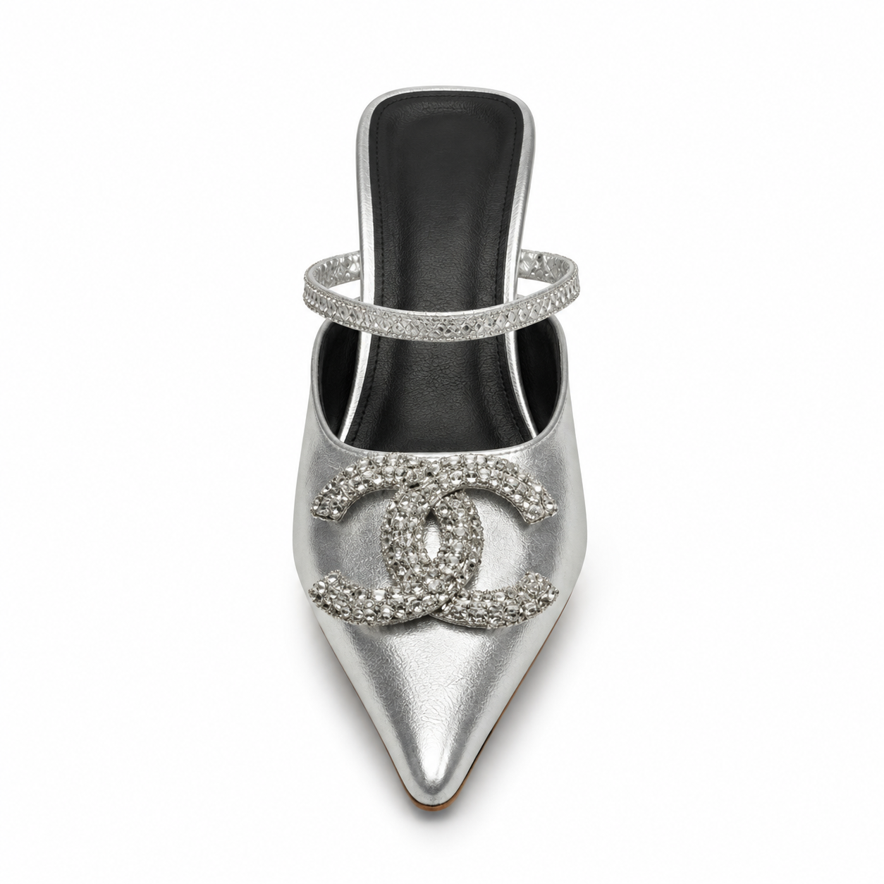 Silver Crystal Pointed-Toe Mule Heels