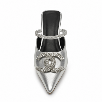 Silver Crystal Pointed-Toe Mule Heels