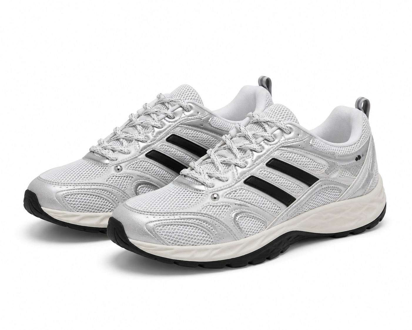 Women's White & Silver Running Sneakers with Black Stripes