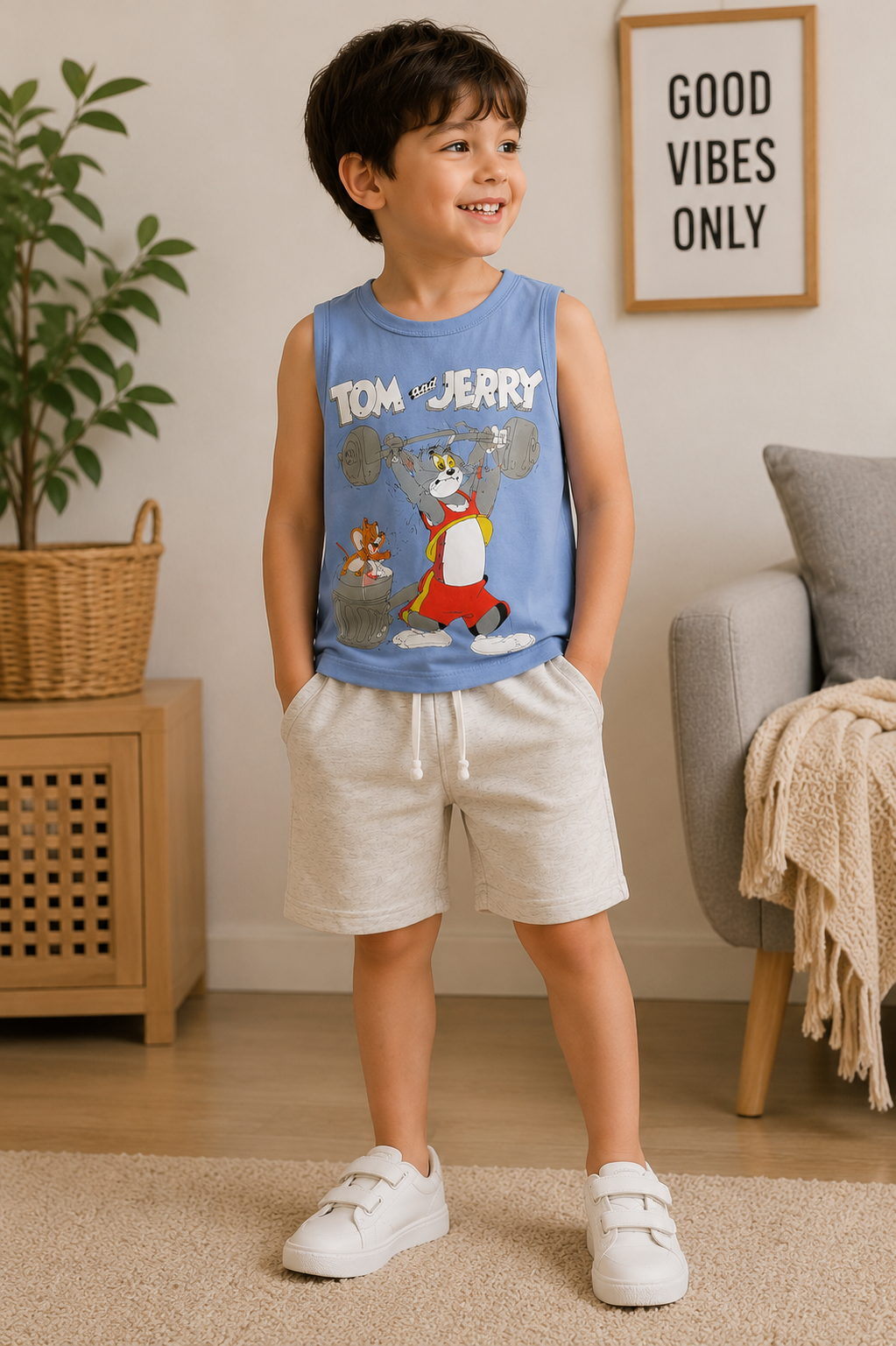 Kids Boys Tom & Jerry Summer Tank Top & Shorts Set – Sky Blue