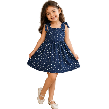 Girls Navy Star Print Bow Strap Dress