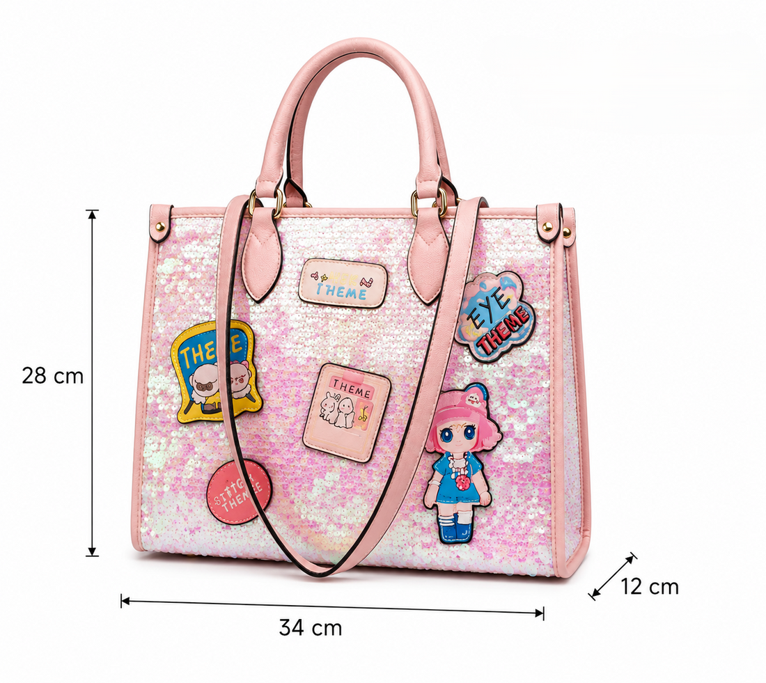 Pink sparkle tote handbag with holographic sequins, decorative cartoon patches, dual top handles, and a detachable shoulder strap.