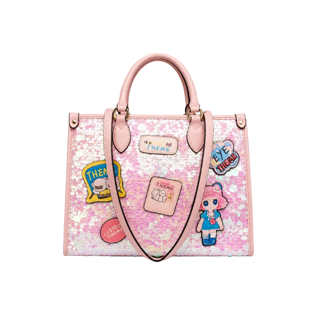 Pink sparkle tote handbag with holographic sequins, decorative cartoon patches, dual top handles, and a detachable shoulder strap.