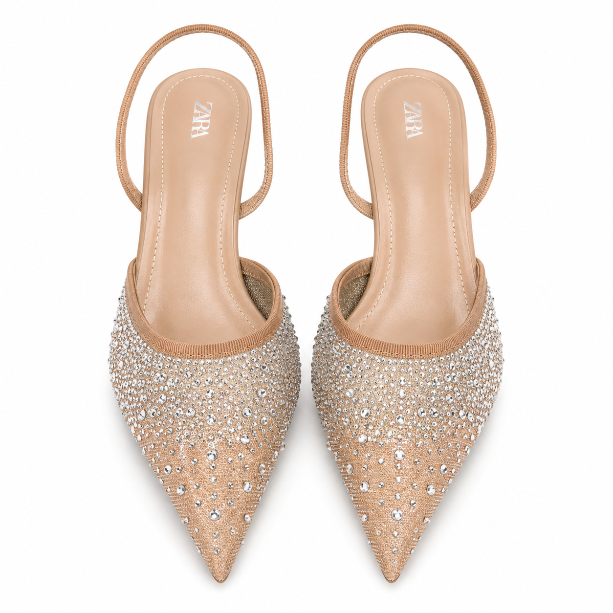 Champagne Crystal Pointed-Toe Slingback Heels