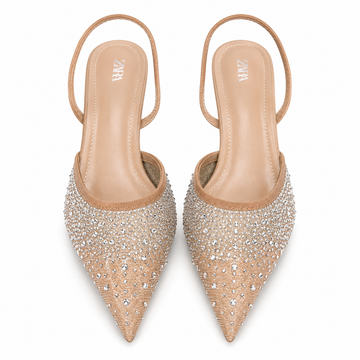Champagne Crystal Pointed-Toe Slingback Heels