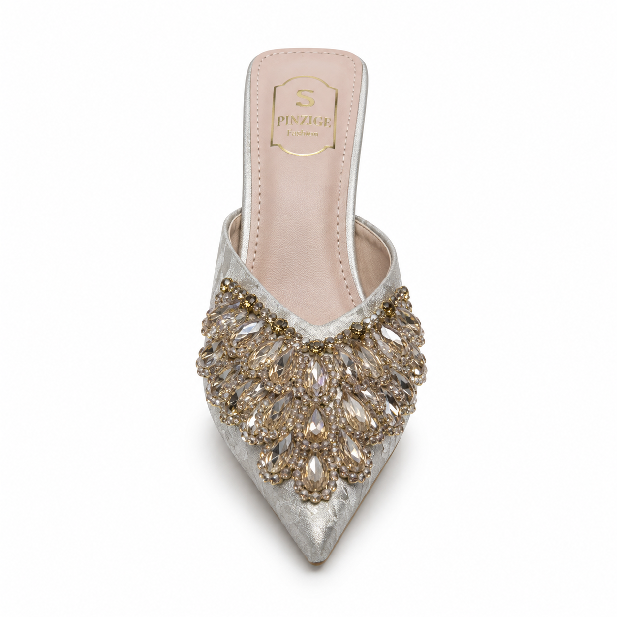 Silver Crystal Embellished Pointed-Toe Mule Heels
