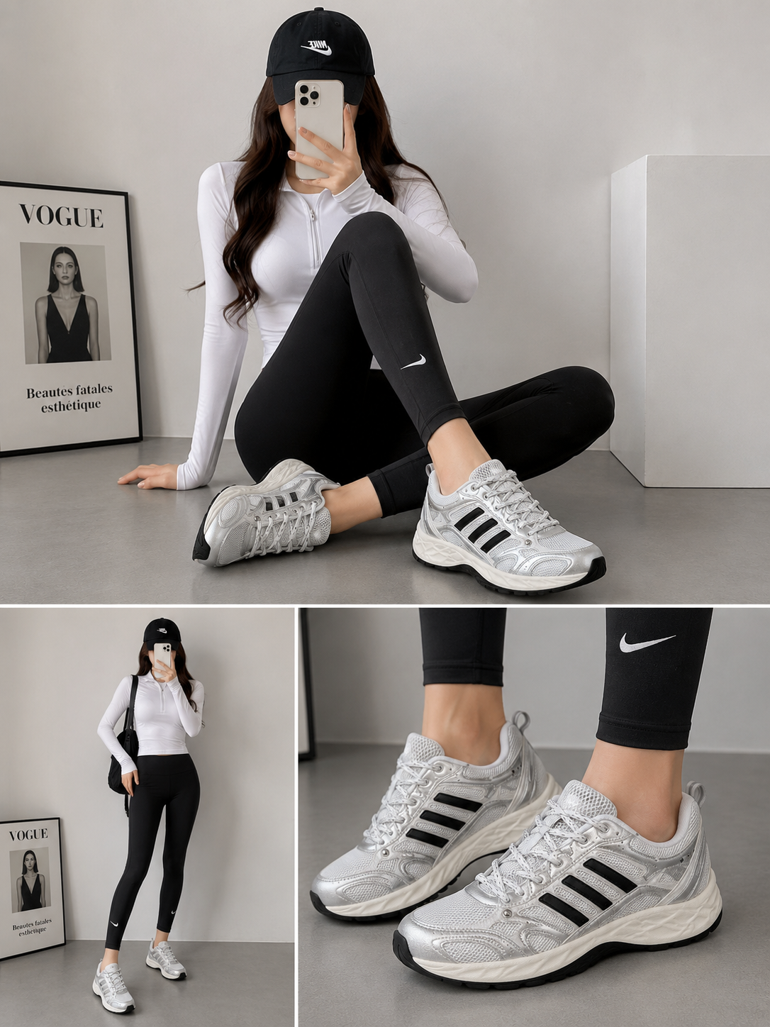 Women's White & Silver Running Sneakers with Black Stripes