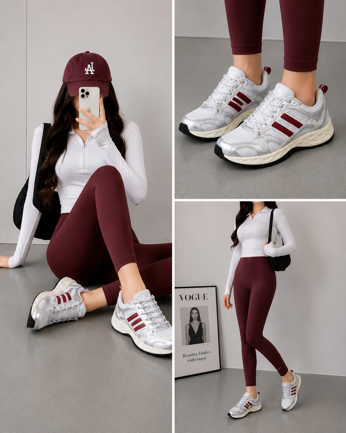 A three-panel collage showing a woman modeling burgundy leggings, a white long-sleeve top, white sneakers with burgundy stripes, and a burgundy baseball cap in a minimalist indoor setting.