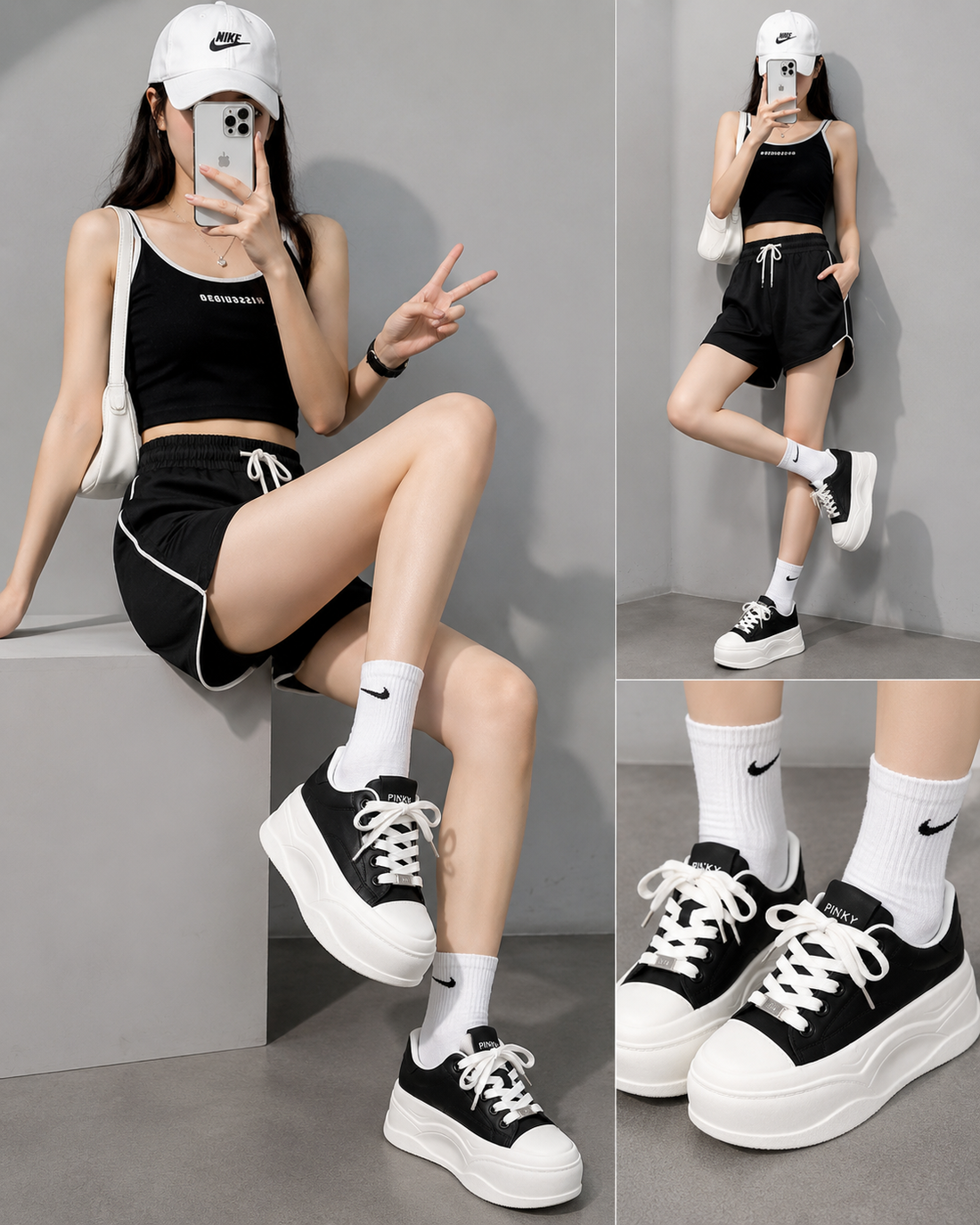 Women's black and white platform sneakers with thick sole and lace-up design.
