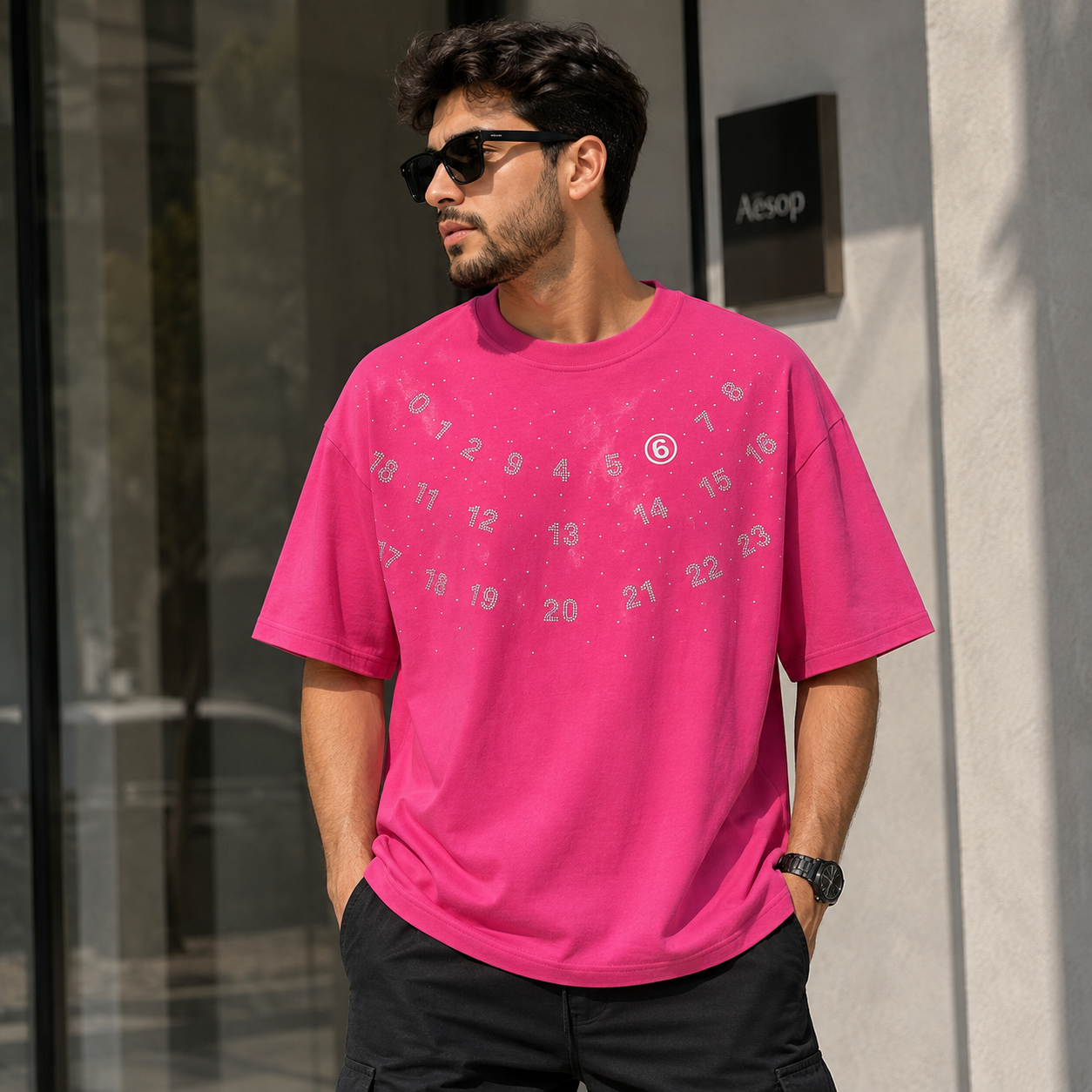 Men’s Rhinestone Number Oversized T-Shirt – Hot Pink