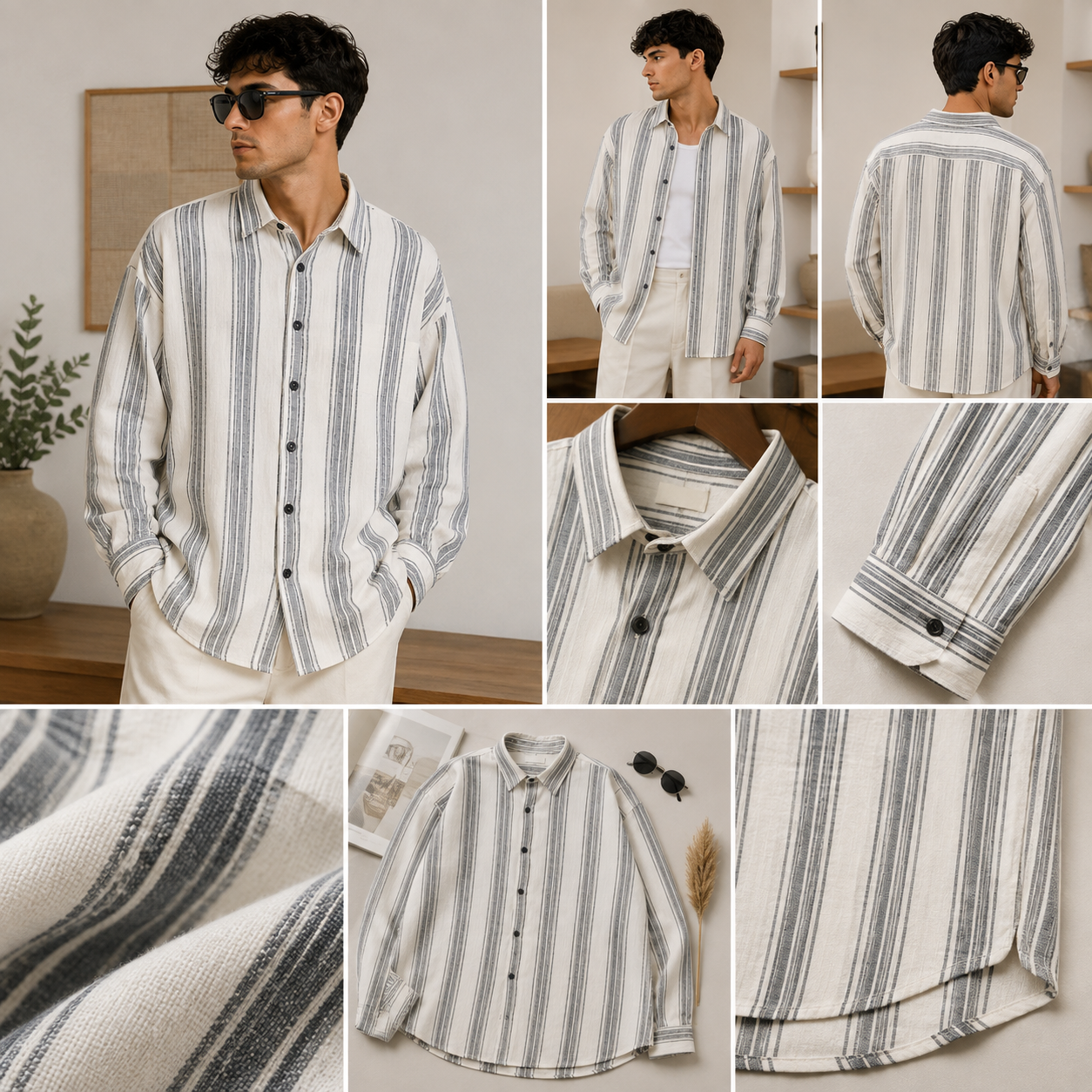 Men’s Striped Long Sleeve Shirt – Off White & Gray