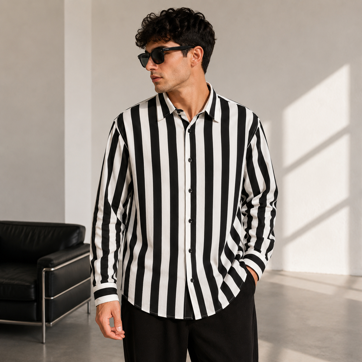 Men’s Vertical Striped Long Sleeve Shirt – Black & White