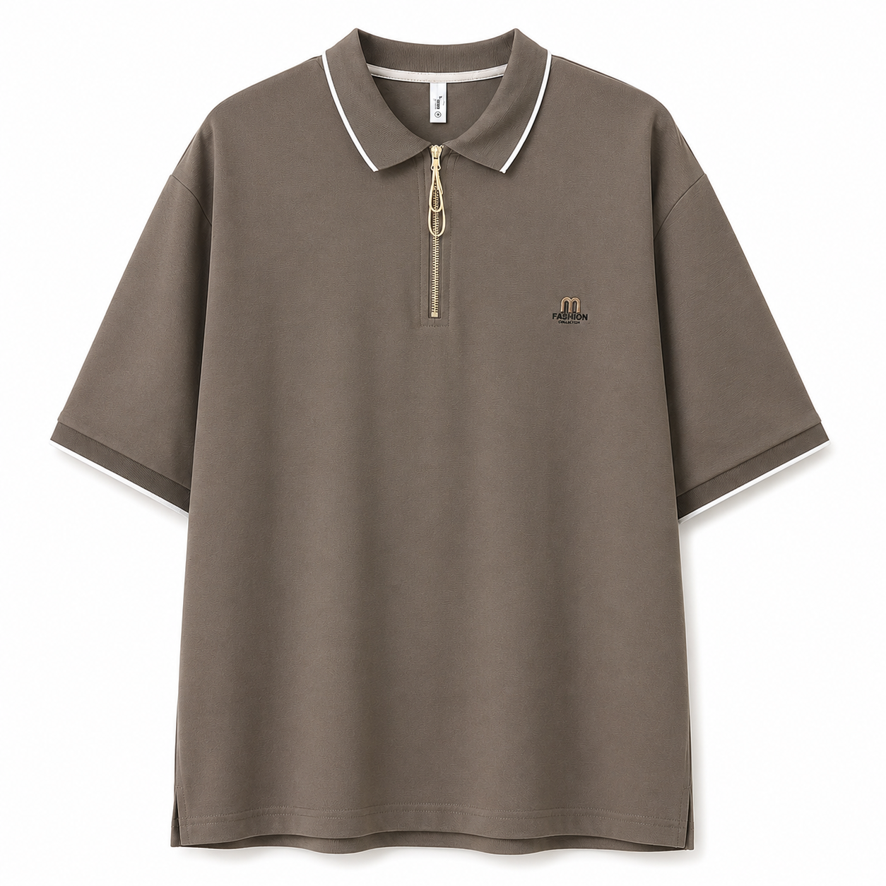 Men’s Zip Collar Oversized Polo T-Shirt – Taupe