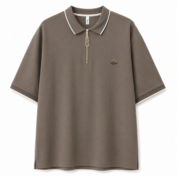 Men’s Zip Collar Oversized Polo T-Shirt – Taupe