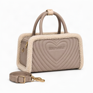 EMILY LORAN light taupe heart quilted Boston handbag with cream sherpa trim, top handles, detachable shoulder strap, and gold-tone hardware.