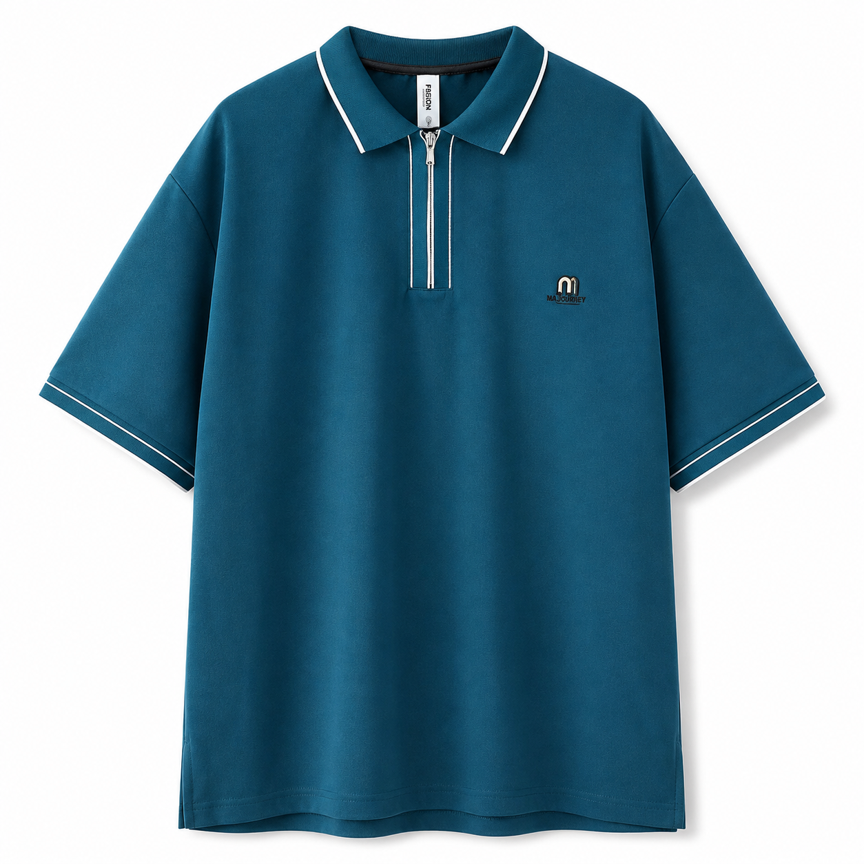 Men’s Zip Collar Oversized Polo T-Shirt – Teal Blue