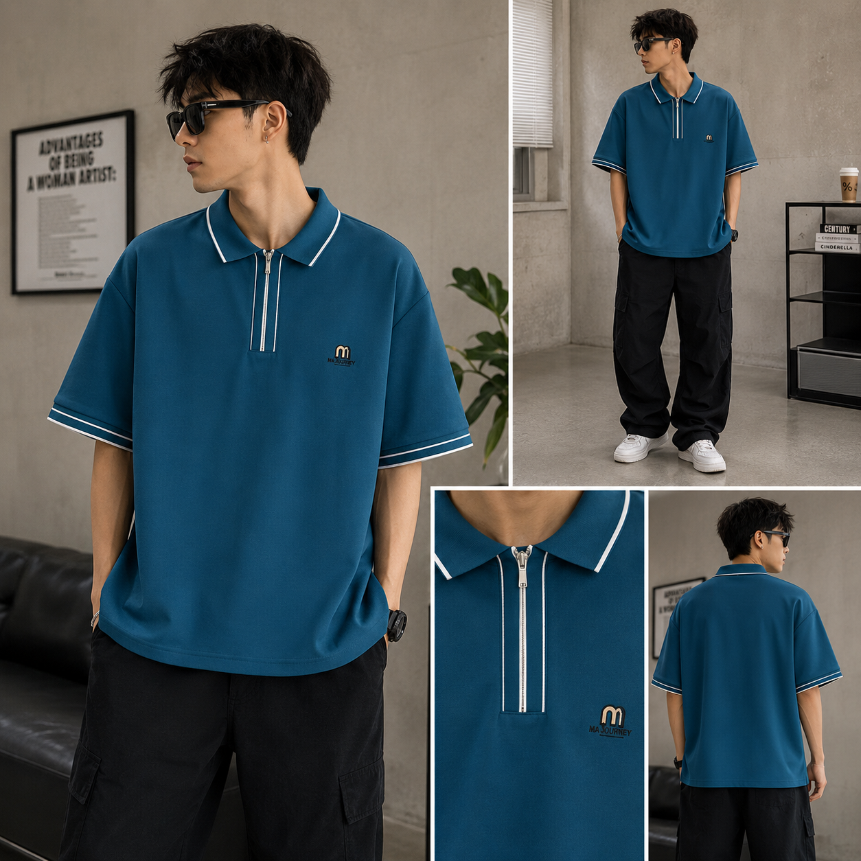 Men’s Zip Collar Oversized Polo T-Shirt – Teal Blue