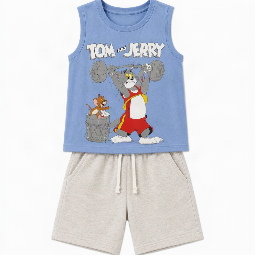 Kids Boys Tom & Jerry Summer Tank Top & Shorts Set – Sky Blue