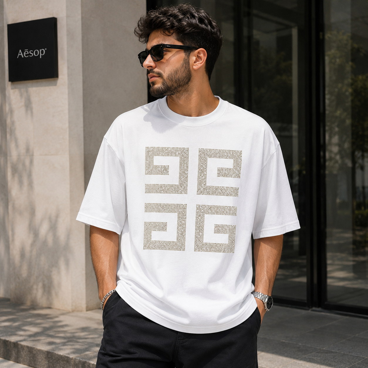 Men’s Rhinestone Geometric Oversized T-Shirt – White