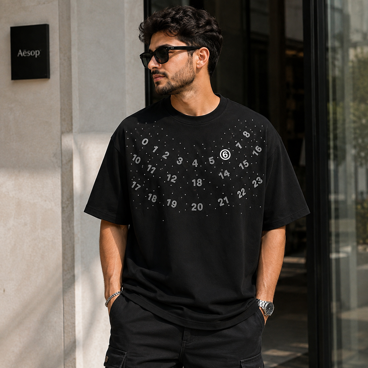 Men’s Rhinestone Number Oversized T-Shirt – Black