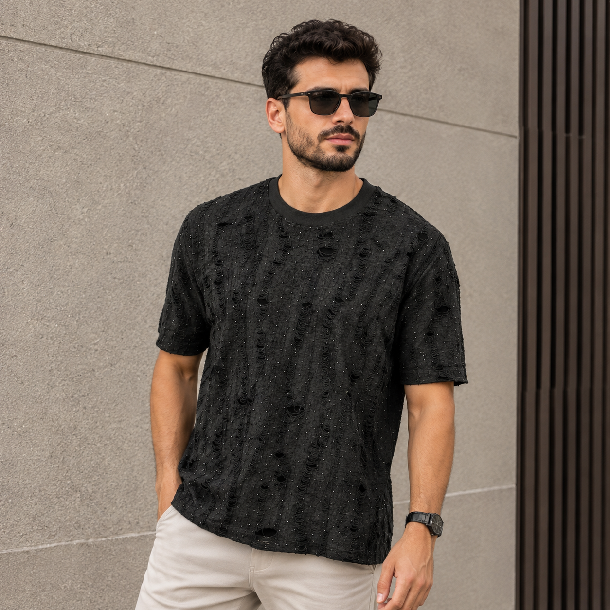 Men’s Distressed Rhinestone Oversized T-Shirt – Charcoal Black