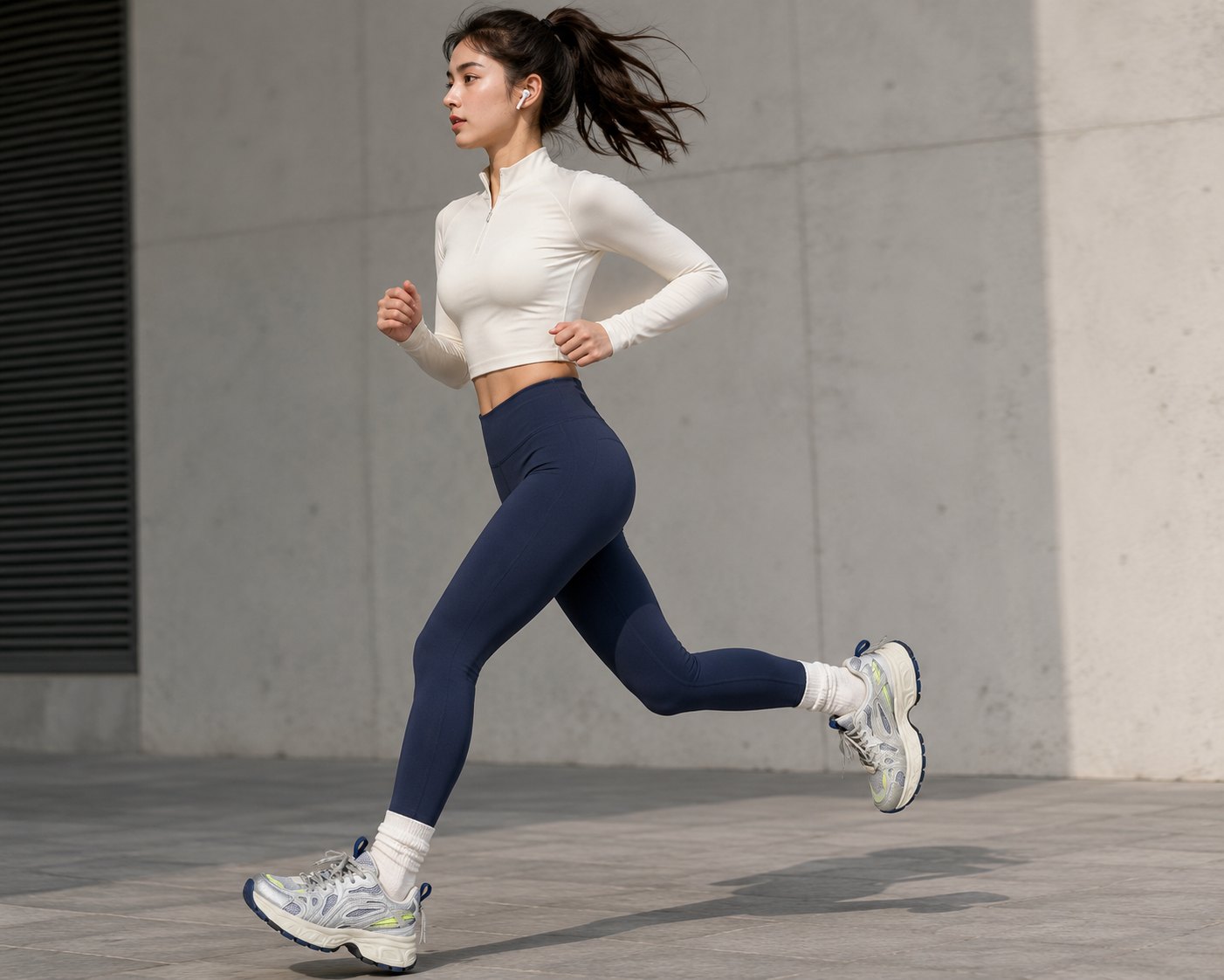 A woman running outdoors in a white long-sleeve athletic crop top and navy blue high-waisted leggings, paired with white and gray running shoes.