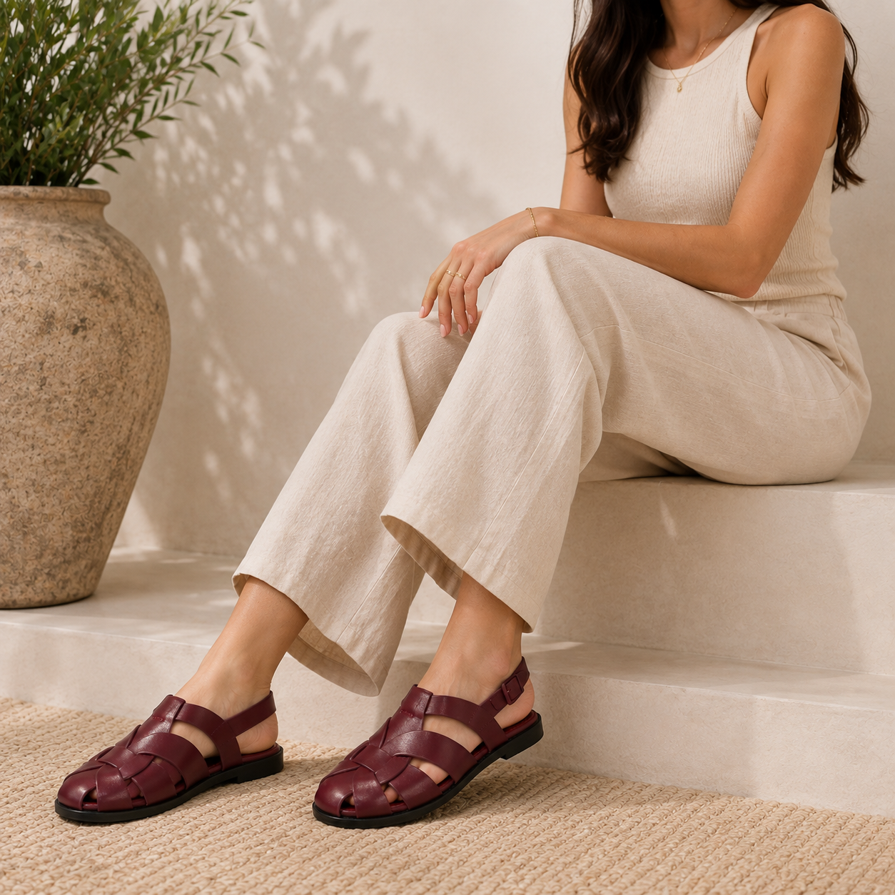 Women’s Woven Slingback Flat Sandals – Burgundy