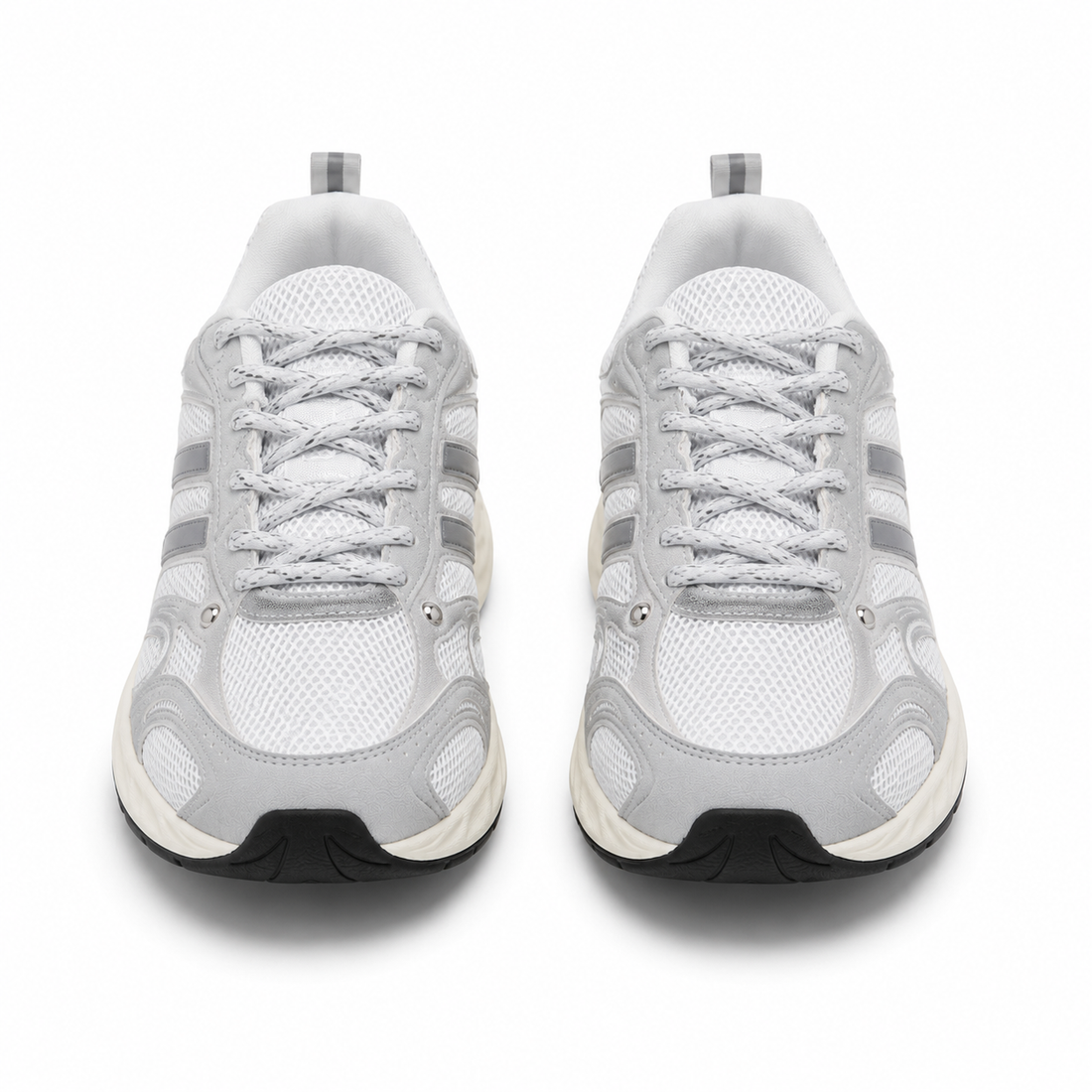A pair of white and light gray athletic sneakers shown from the front on a clean white background.