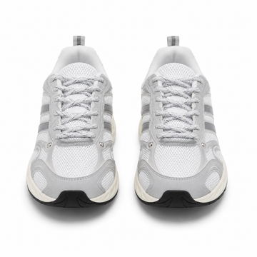 A pair of white and light gray athletic sneakers shown from the front on a clean white background.