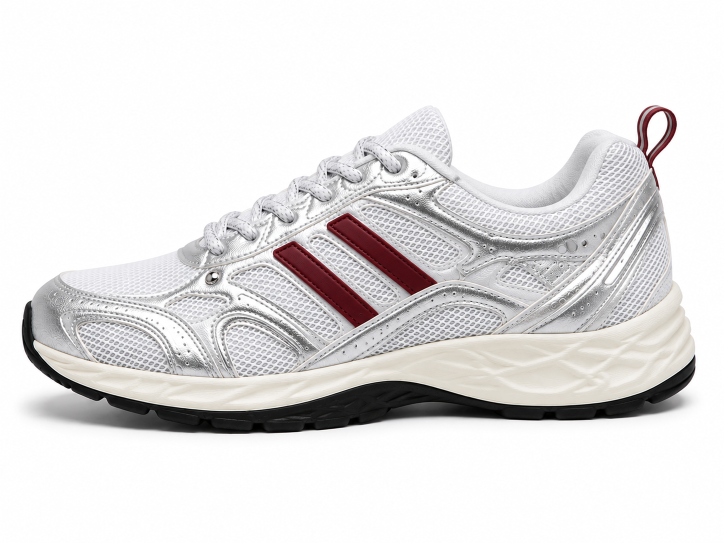 A white and metallic silver athletic sneaker with three dark red stripes on the side, a thick white midsole, and a black outsole, shown from a side profile view against a white background.