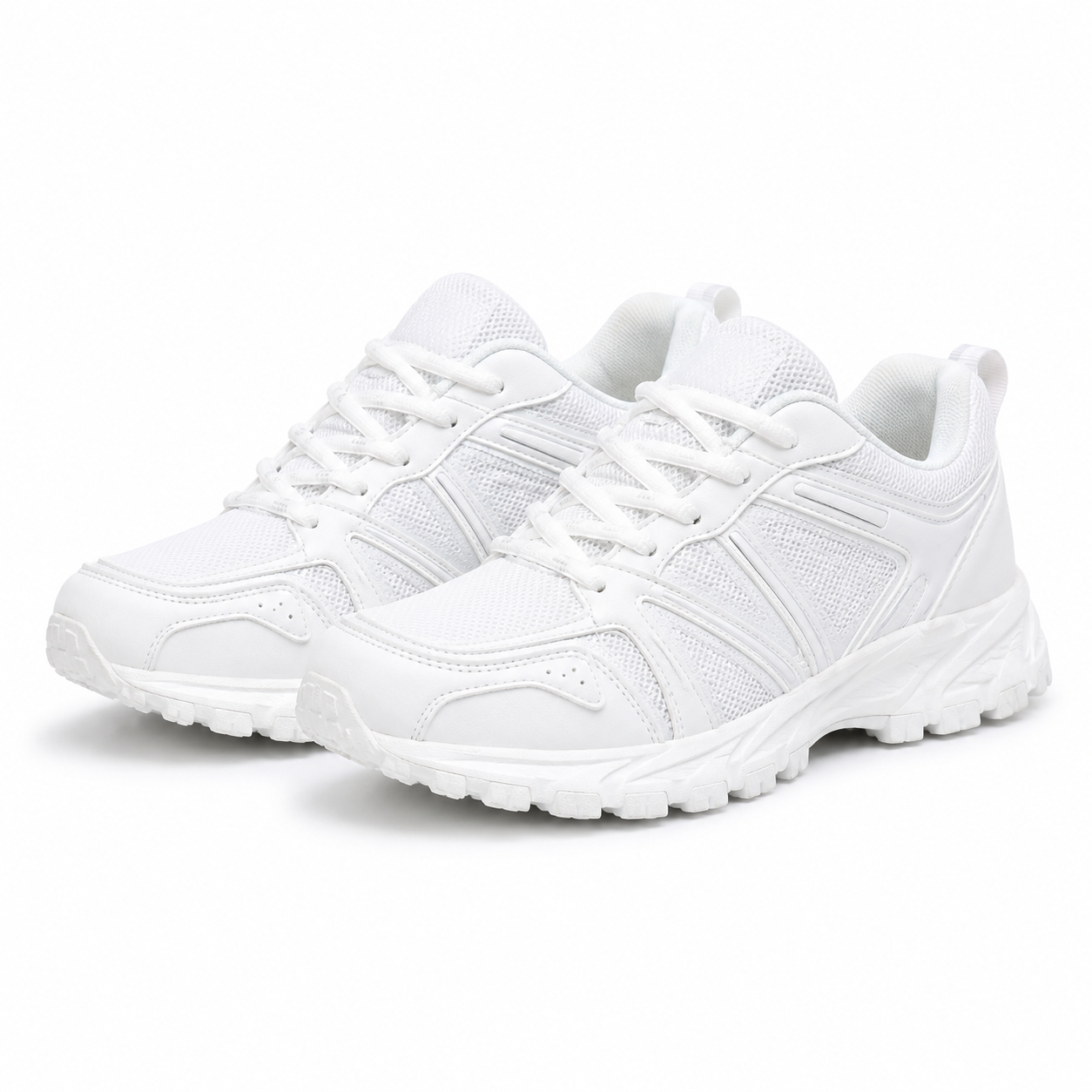 A pair of white athletic sneakers with white laces and thick white soles, shown from a three-quarters angle on a clean white background.