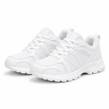 A pair of white athletic sneakers with white laces and thick white soles, shown from a three-quarters angle on a clean white background.