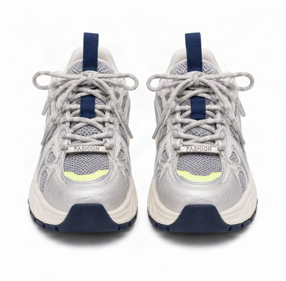 Women's silver gray chunky running sneakers with breathable mesh upper and cushioned sole.