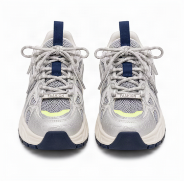 Women's silver gray chunky running sneakers with breathable mesh upper and cushioned sole.