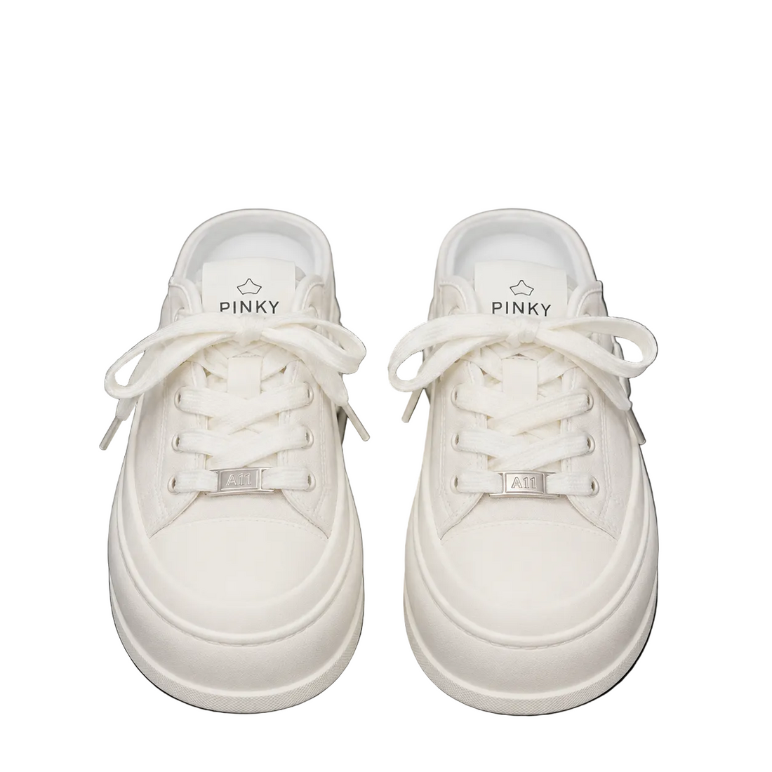 Women's all-white platform sneakers with chunky sole and lace-up design.