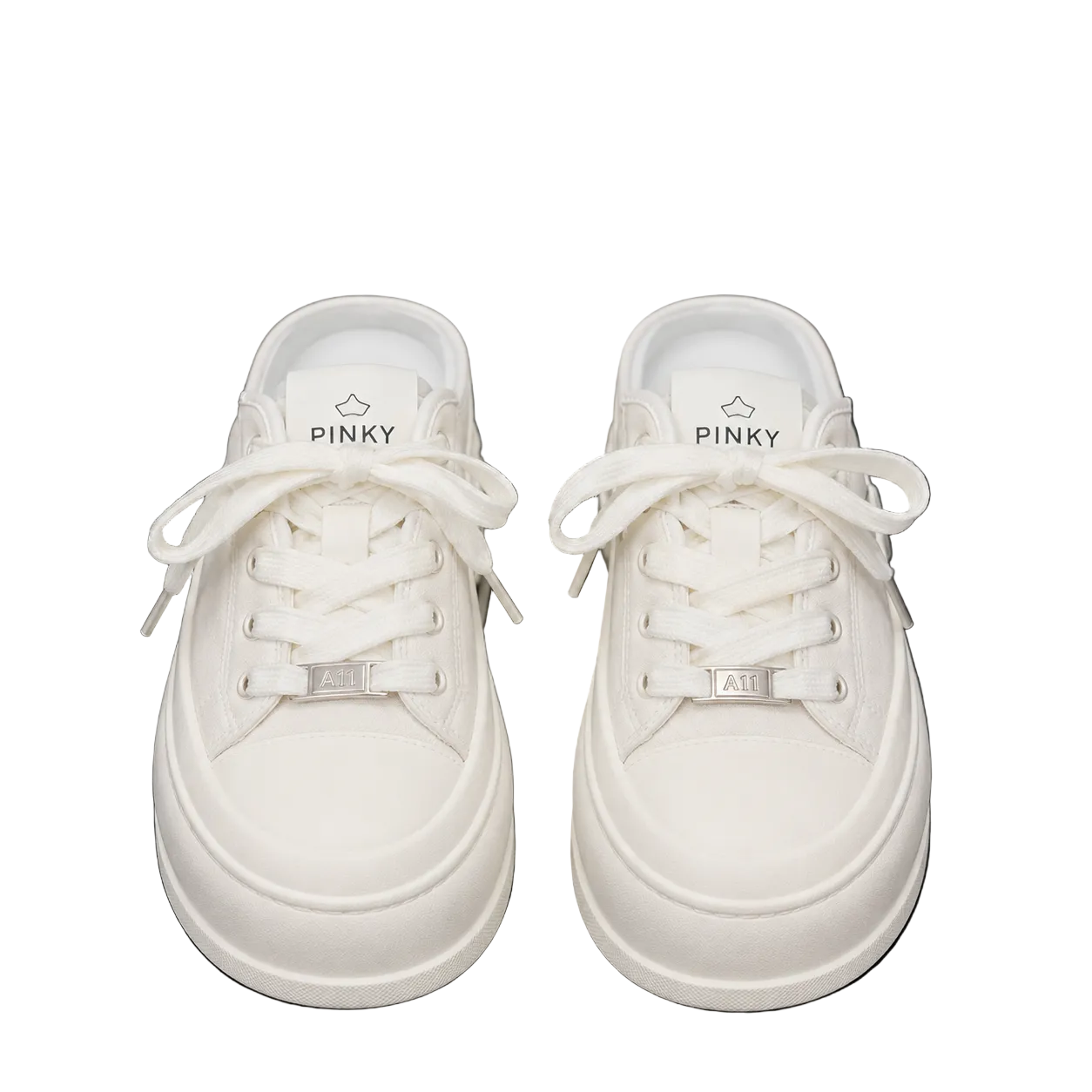 Women's all-white platform sneakers with chunky sole and lace-up design.