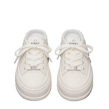 Women's all-white platform sneakers with chunky sole and lace-up design.
