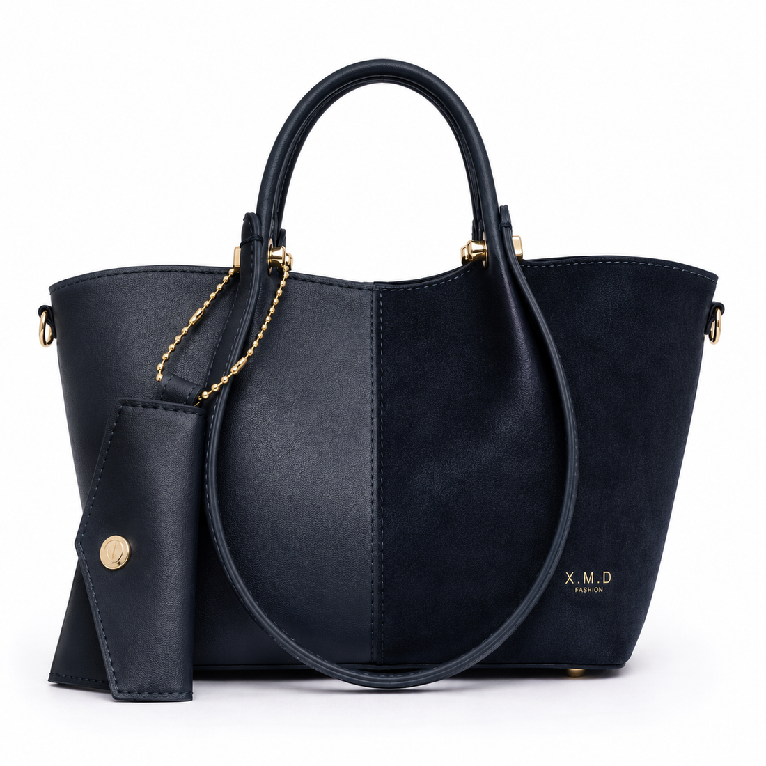 X.M.D women's black two-tone tote bag featuring smooth and suede-like panels, matching wallet, top handles, detachable shoulder strap, and gold-tone hardware for everyday use.
