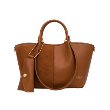 X.M.D women's brown two-tone tote bag with smooth and suede-like panels, matching wallet, top handles, detachable shoulder strap, and gold-tone hardware for everyday use.