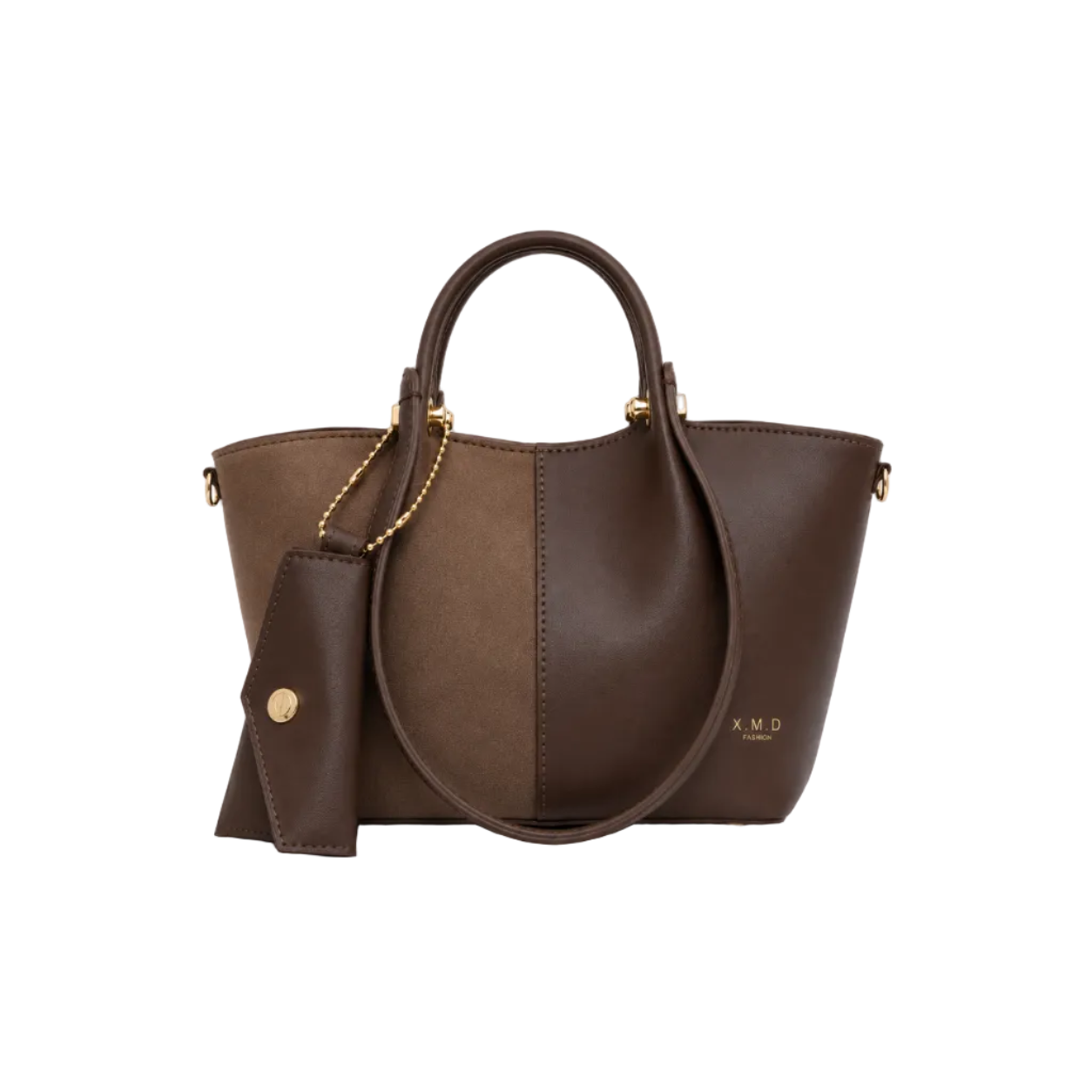 X.M.D women's dark brown two-tone tote bag featuring smooth and suede-like panels, matching wallet, top handles, detachable shoulder strap, and gold-tone hardware for everyday use.