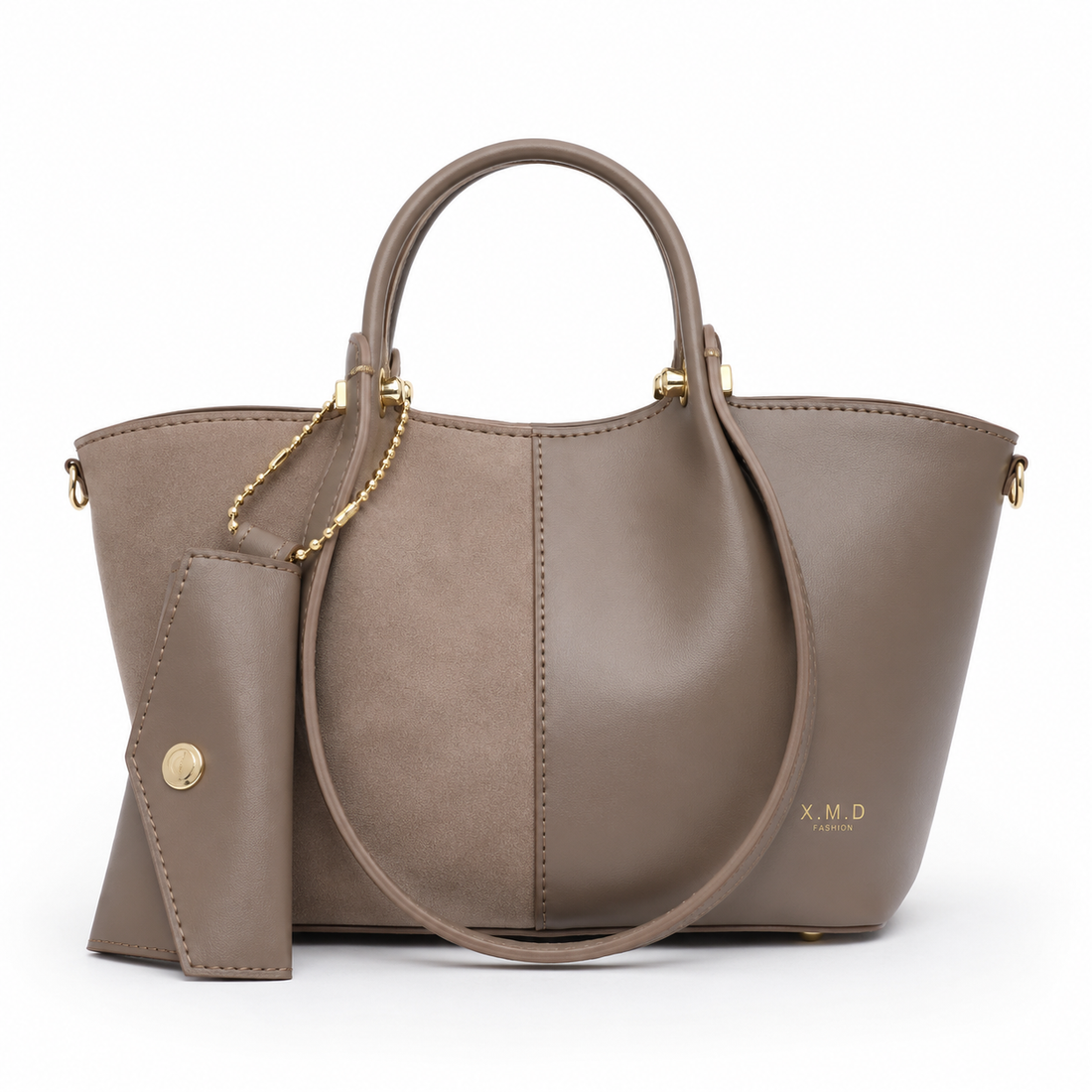 X.M.D women's taupe two-tone tote bag featuring smooth and suede-like panels, matching wallet, top handles, detachable shoulder strap, and gold-tone hardware for everyday use.