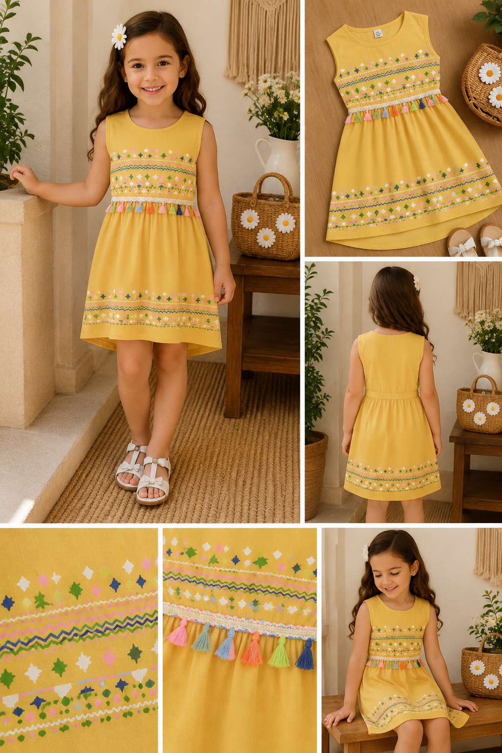 Girls Yellow Embroidered Tassel Dress