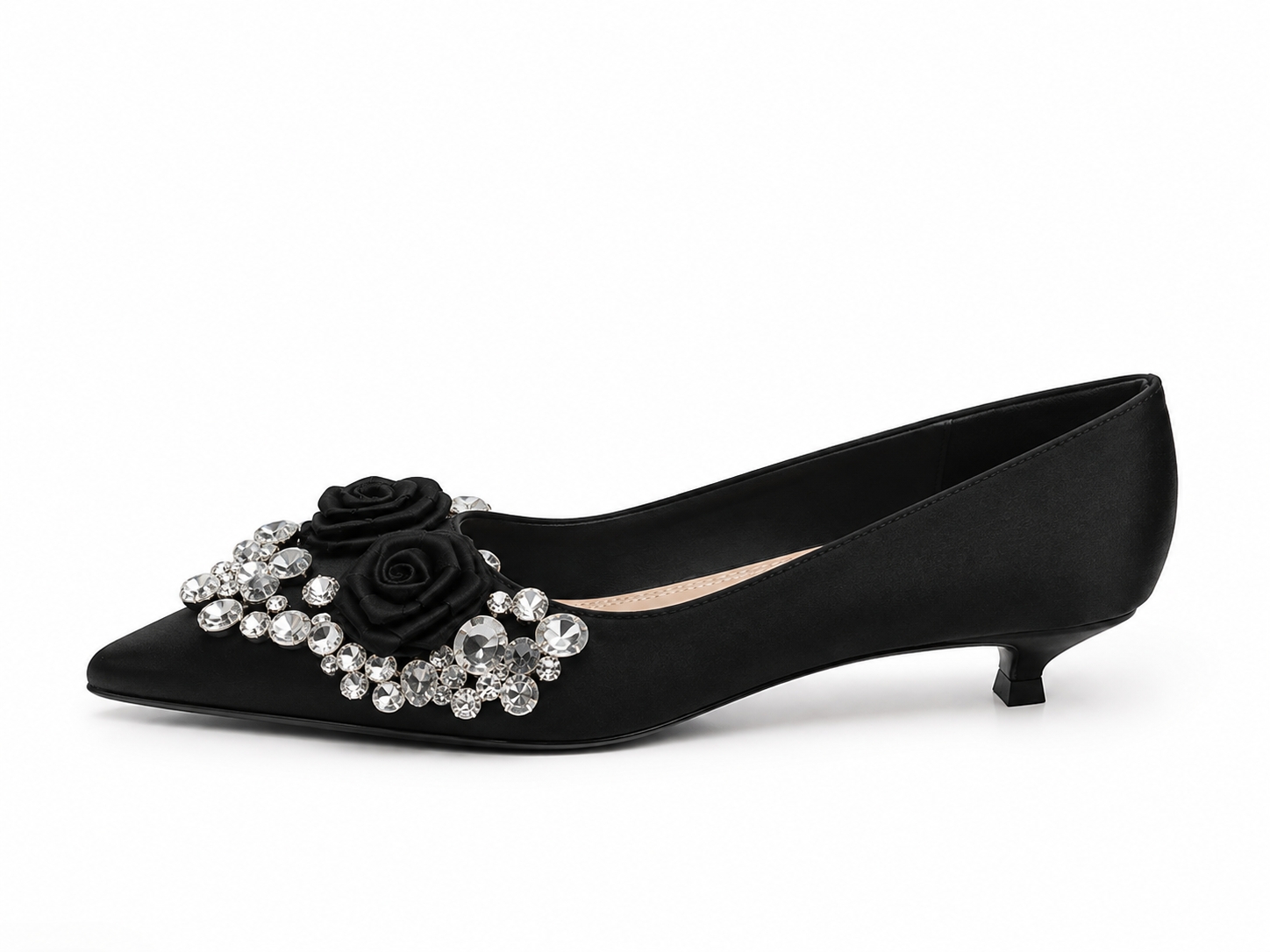 Black Floral Crystal Low Heel Pumps
